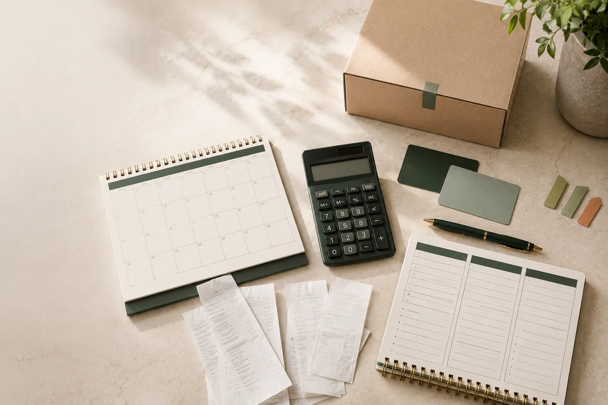Calendar, calculator, receipts and care-planning notebook